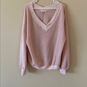 Oversized off the shoulder waffle knit top